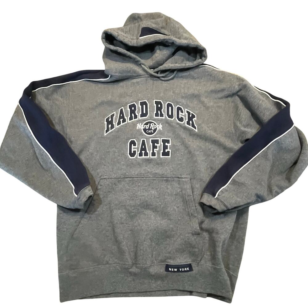 Hard Rock Cafe New York Hoodie Men Medium Gray Blue Spellout Logo Pullover